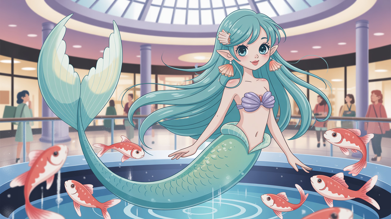 Anime Mermaid in Fountain with Goldfish and Mall Background