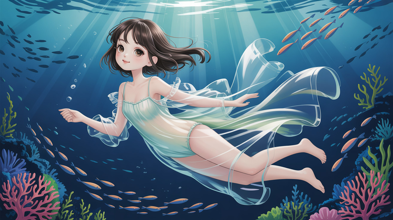 Anime-style digital painting of a woman swimming underwater