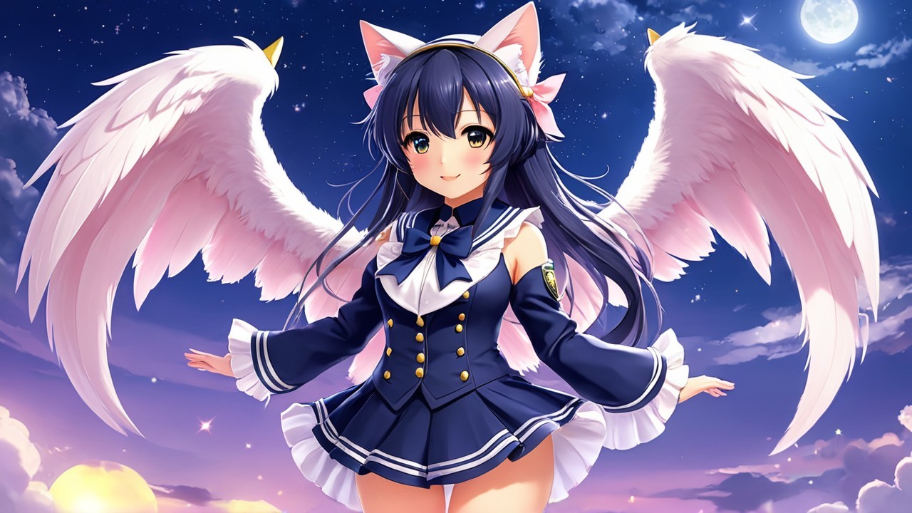 Fantastical character with wings in starry night sky