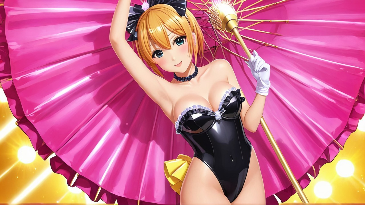 Character Under Pink Parasol in Stylish Black Outfit