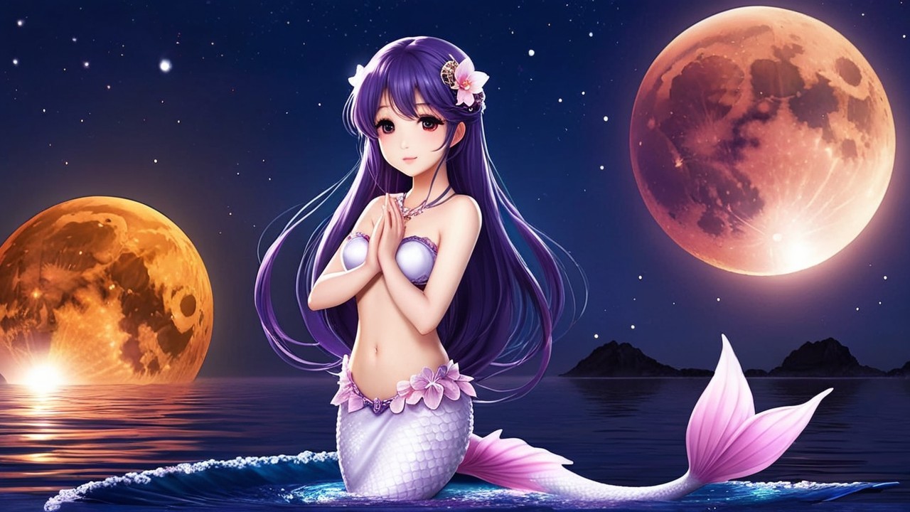 Serene Mermaid on Rock Under Dual Moons