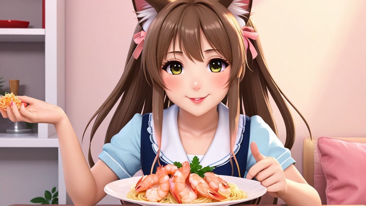 Charming Anime Girl Enjoying Spaghetti in Whimsical Kitchen
