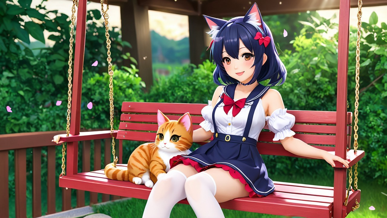 Young girl with cat ears on swing in vibrant garden