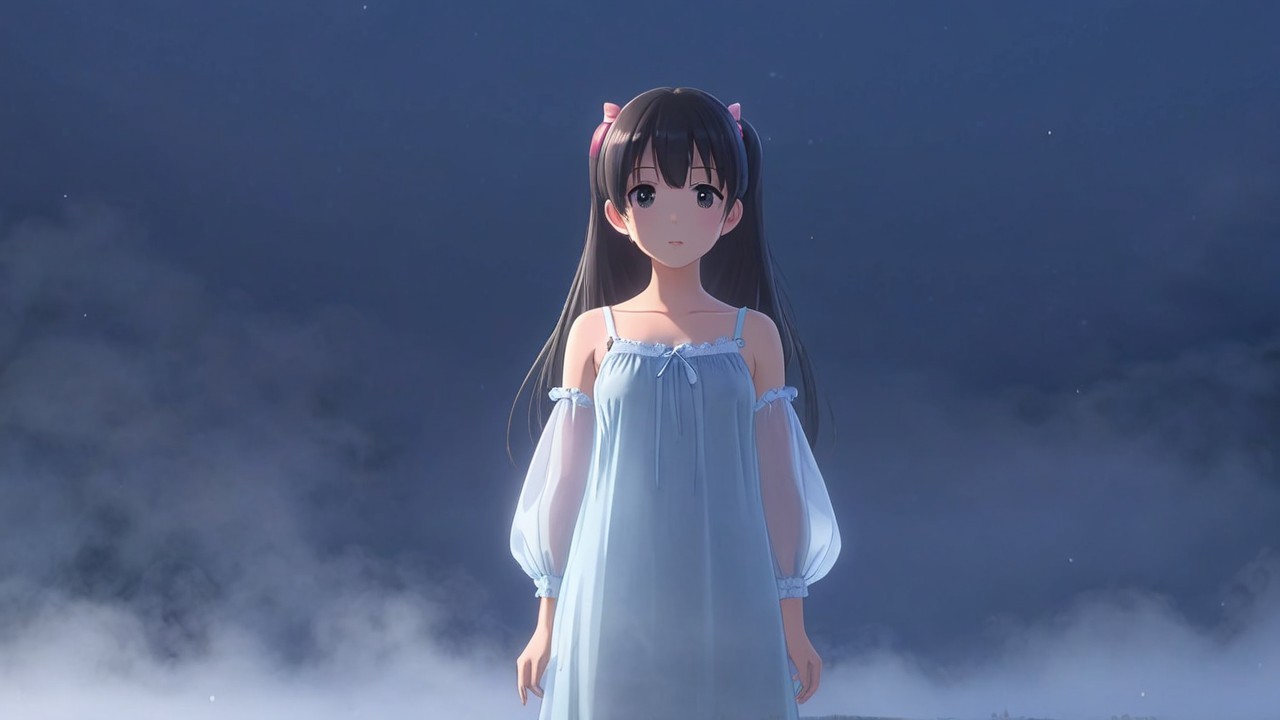 Young girl in misty landscape with twilight sky