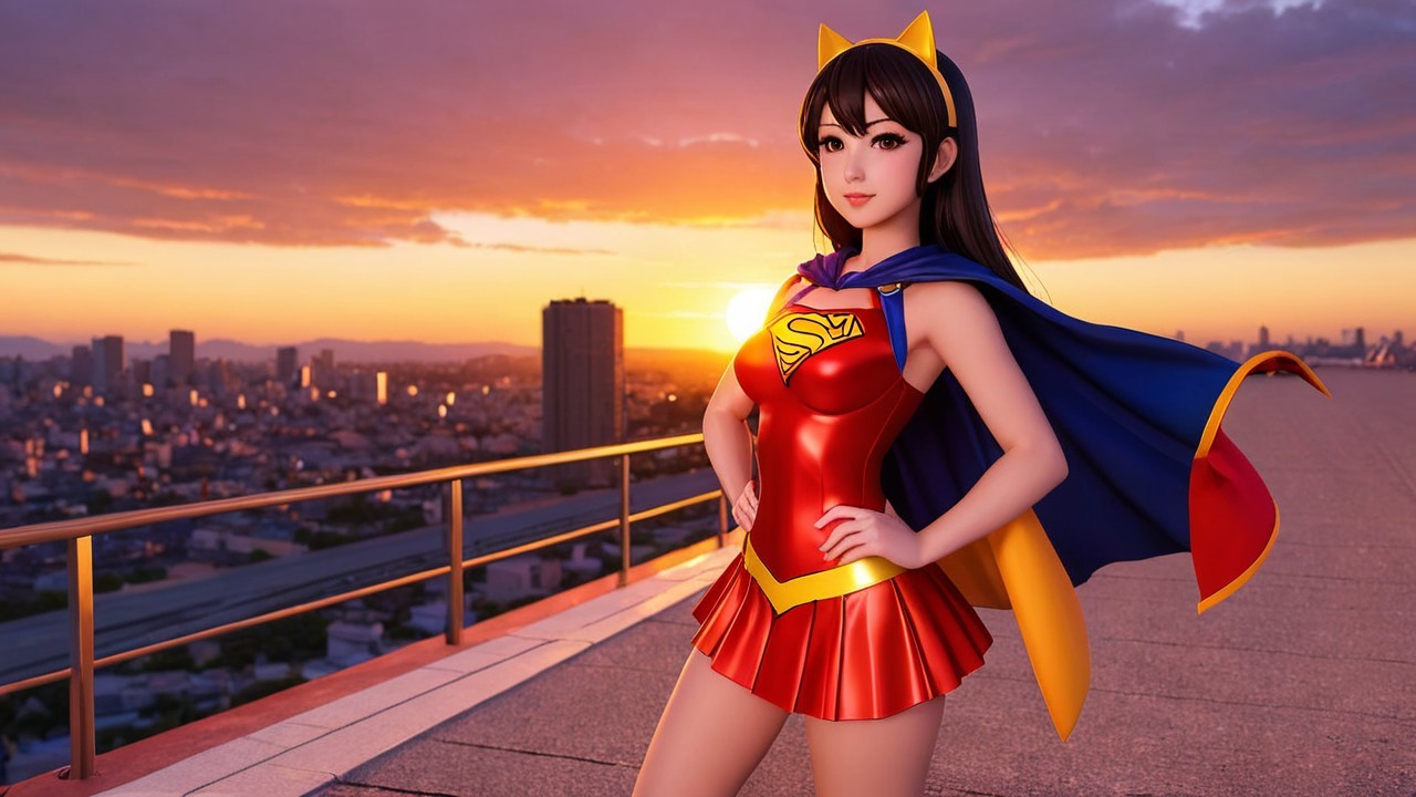 Stylized female superhero against a vibrant sunset skyline