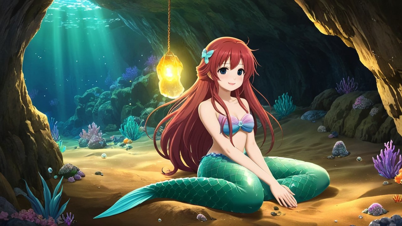 Mermaid in Underwater Cave with Colorful Coral and Light