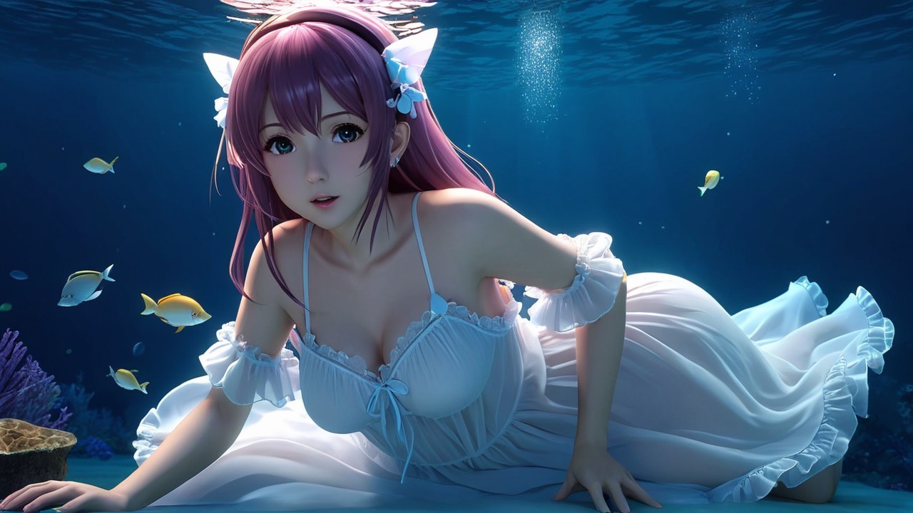 Underwater Scene of a Woman with Pink Hair and Flowers