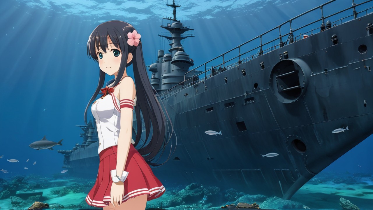 Young girl in school uniform underwater with battleship