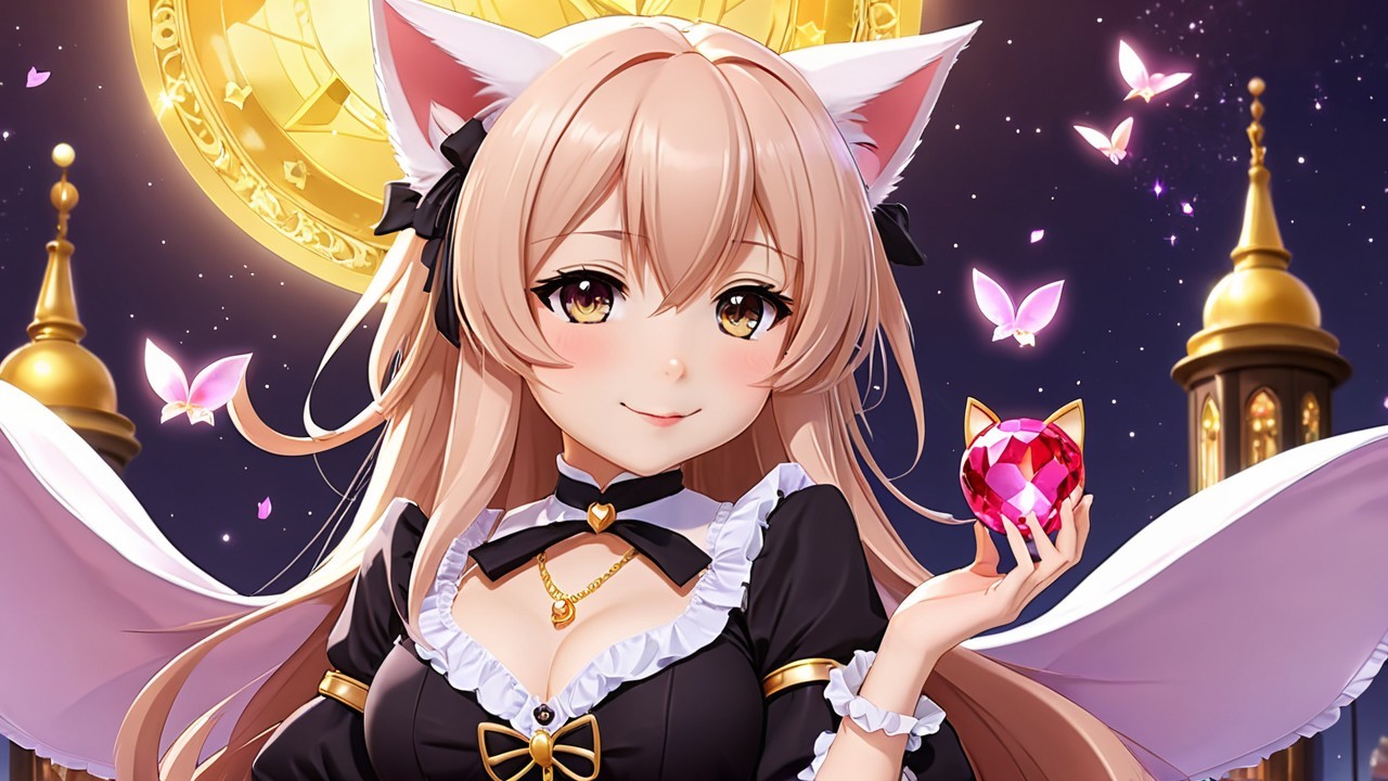 Charming Female Character with Cat-Like Features and Gem
