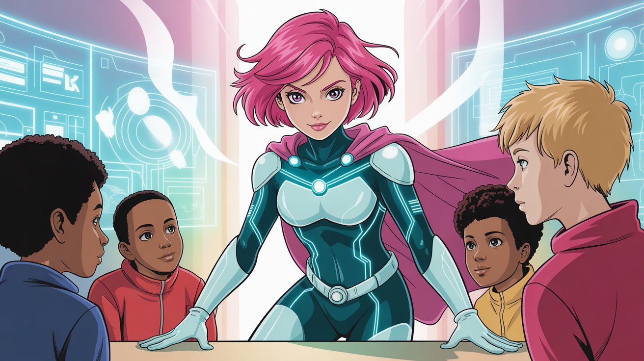 Anime-Style Female Superhero with Young Boys