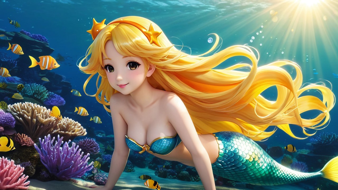 Vibrant Underwater Scene with a Cheerful Mermaid