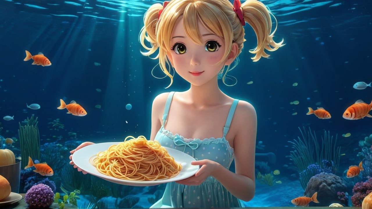 Young girl in blue dress with spaghetti underwater scene