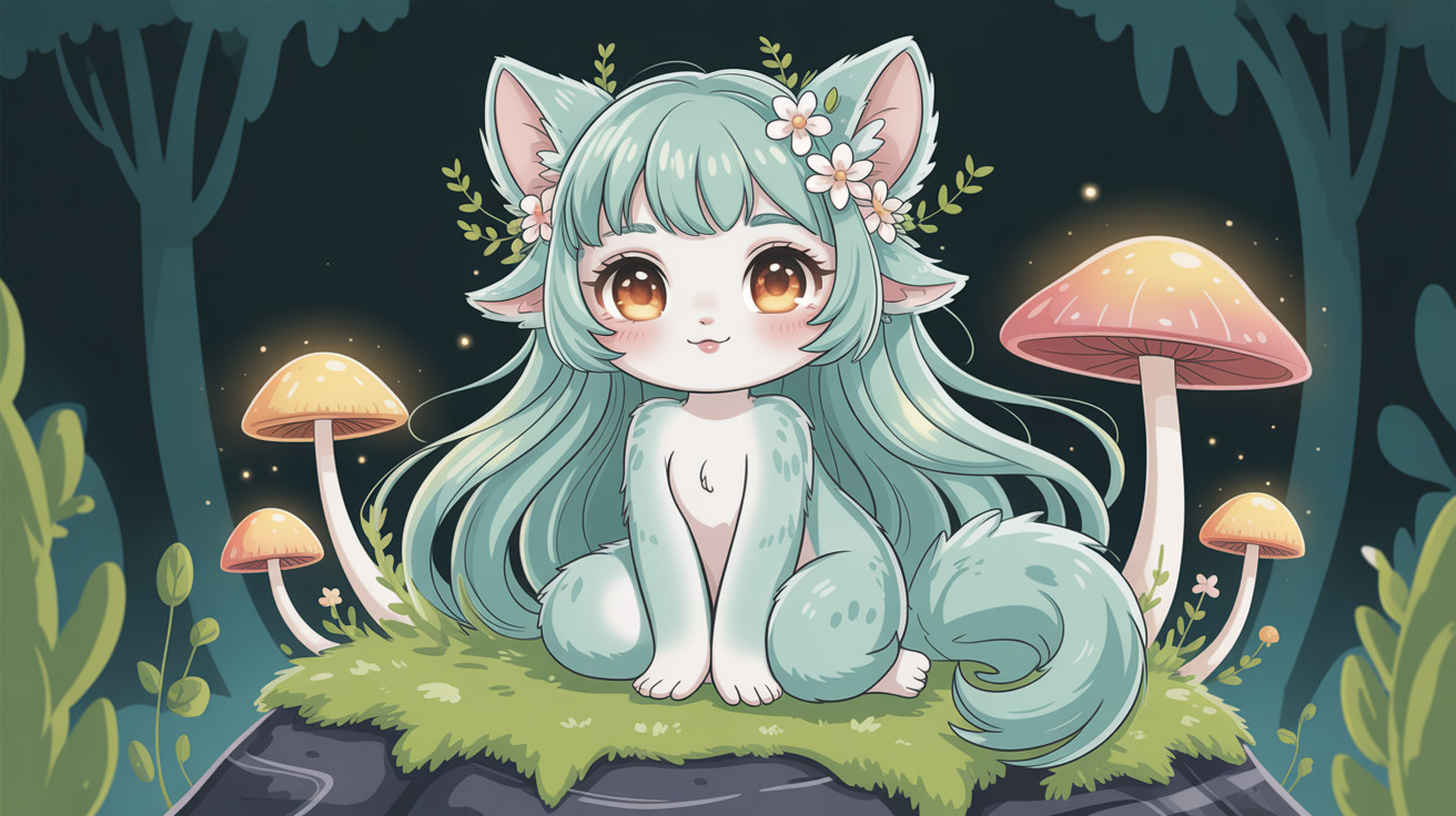 Digital Art of Anime Catgirl in Enchanted Forest