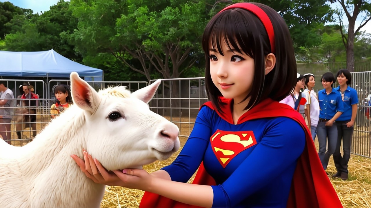 Young Girl in Superhero Costume with Goat on Farm