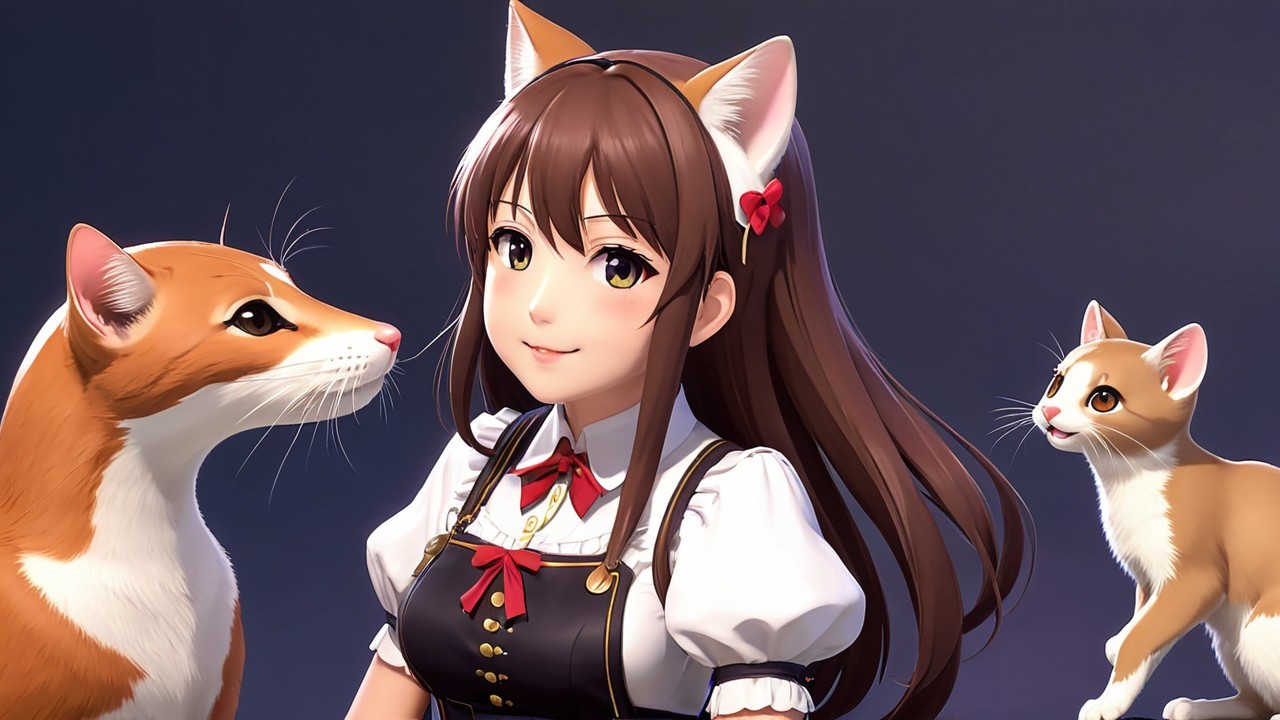 Cheerful anime girl with cats in a whimsical setting