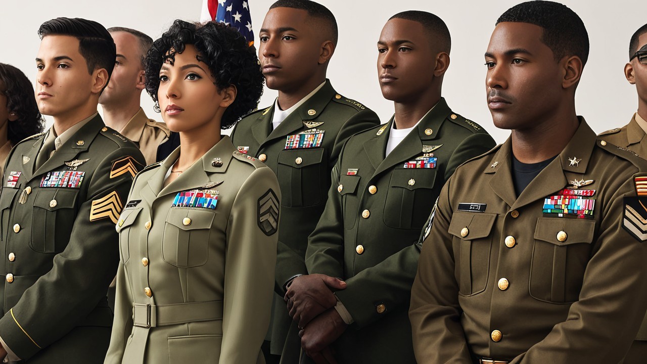 Military Personnel in Formation with American Flag