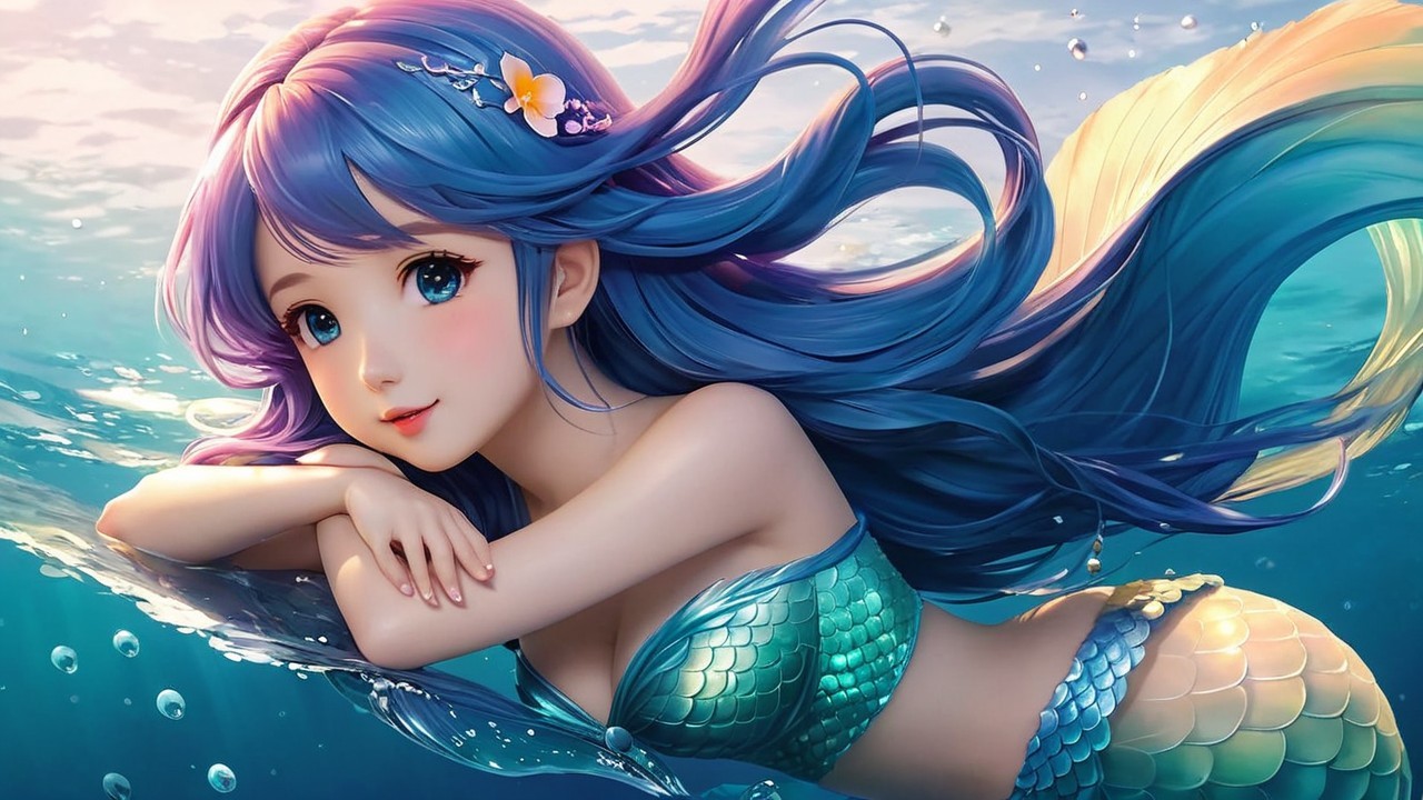 Mermaid with Blue Hair and Sparkling Scales in Water