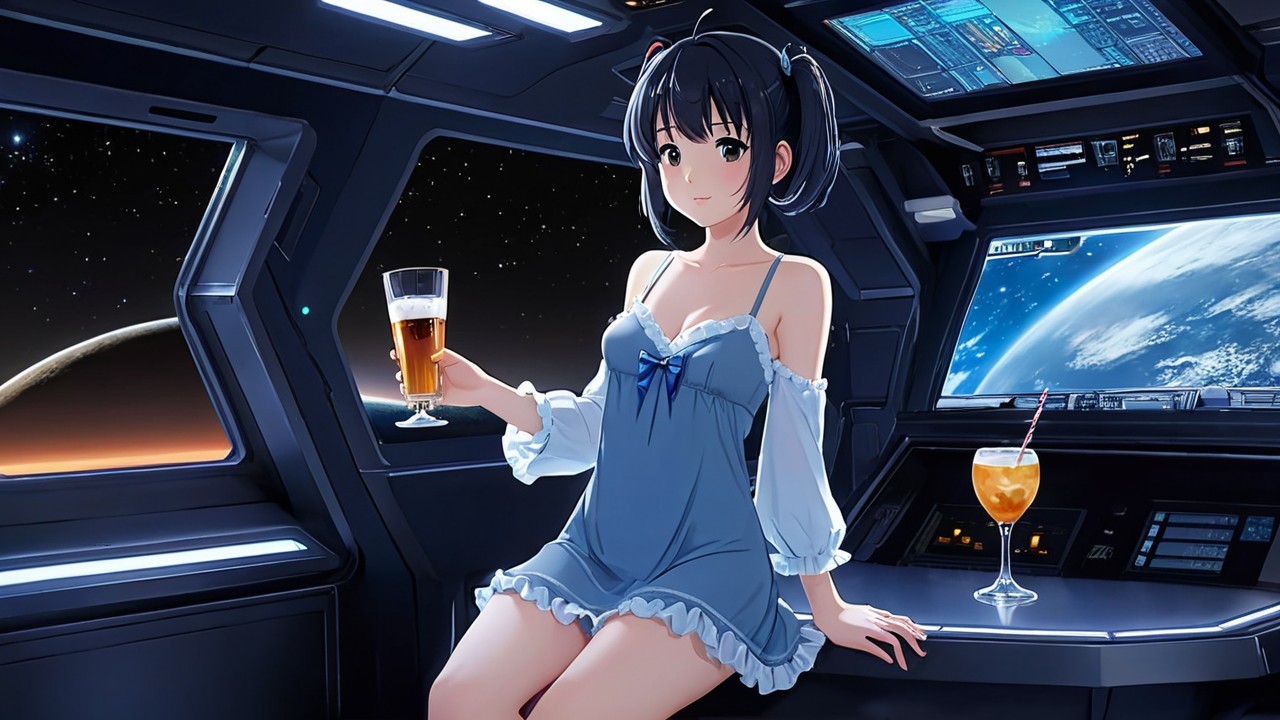 Young Woman in Futuristic Cockpit with Earth View