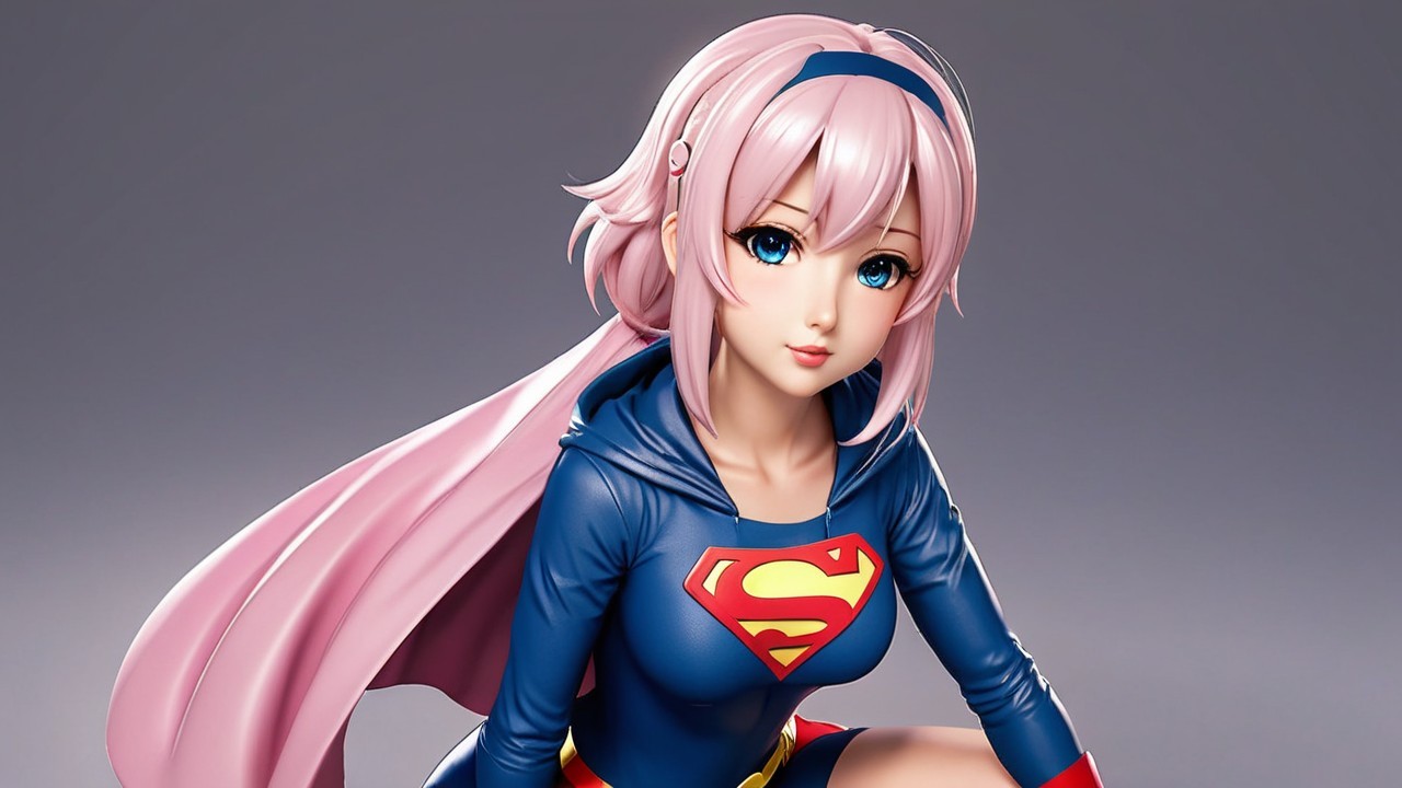 Stylized female superhero character with pink hair and blue eyes