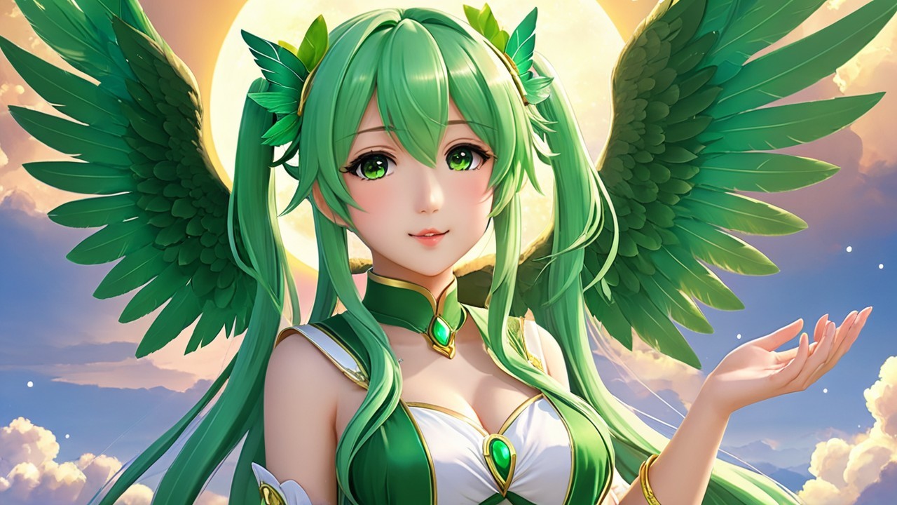 Fantastical character with green hair and feathered wings