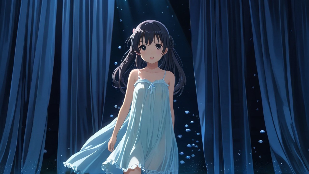 Young girl in blue nightgown amid serene atmosphere