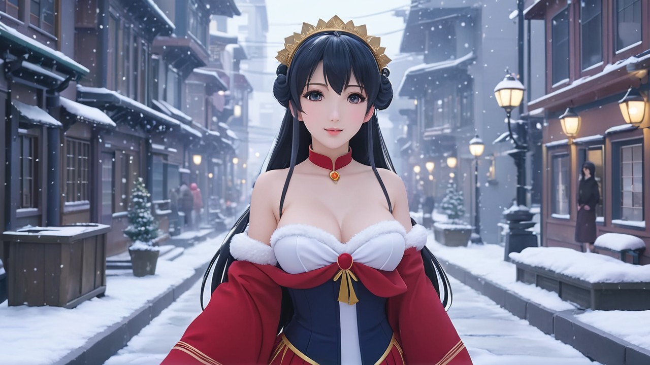 Anime-style character in a snowy picturesque street