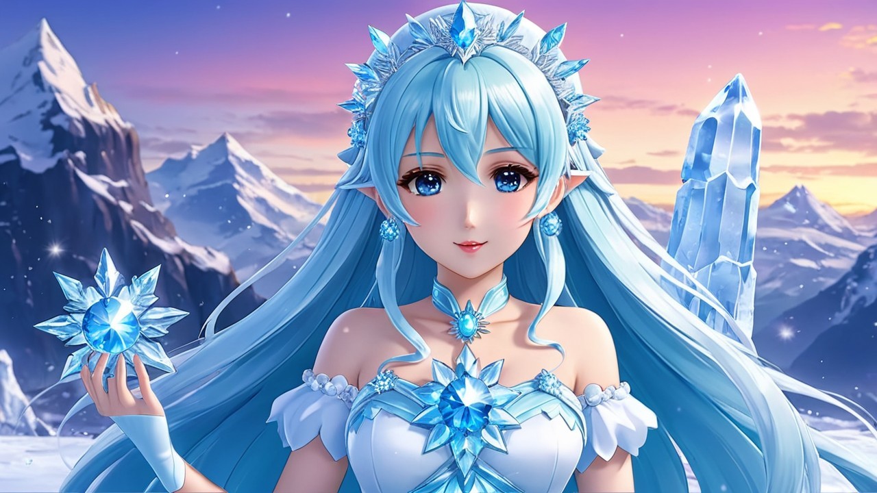 Ice-themed character in a winter landscape scene