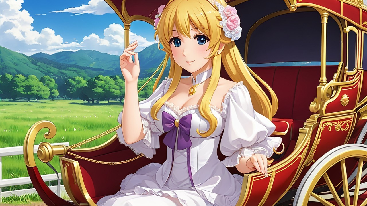 Young woman in a floral carriage with scenic backdrop