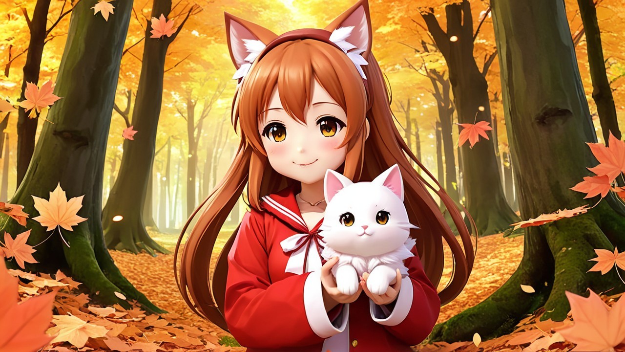 Autumn Forest Scene with Cheerful Anime Girl and Kitten