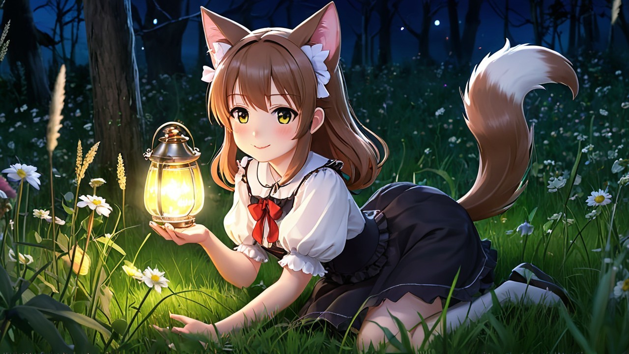 Girl with Cat Ears in Moonlit Meadow Setting