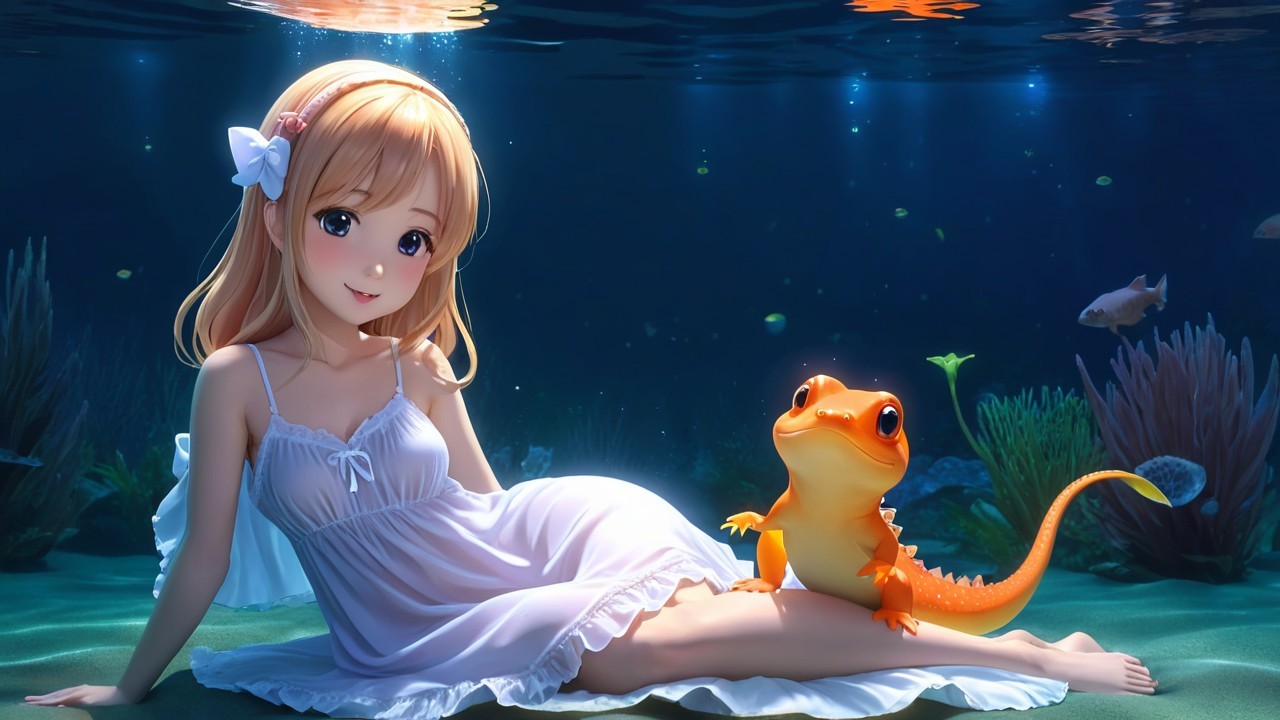 Young girl in white dress underwater with aquatic life