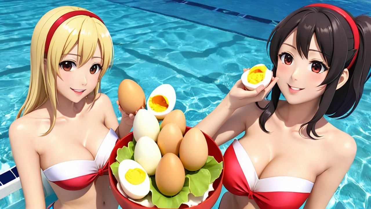 Anime Characters by Swimming Pool with Eggs