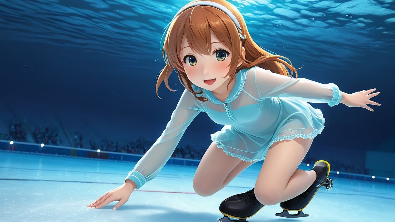 Young girl skating on ice in a blue lace outfit