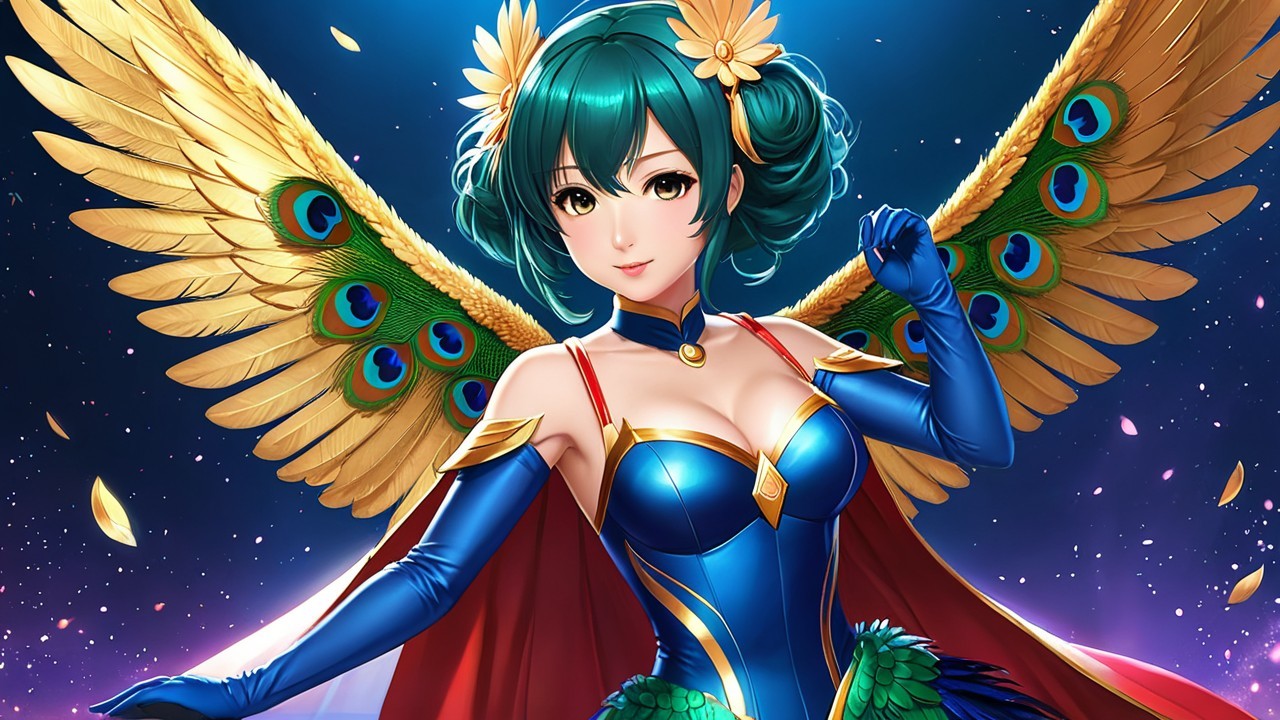 Vibrant Character with Peacock Wings and Teal Hair