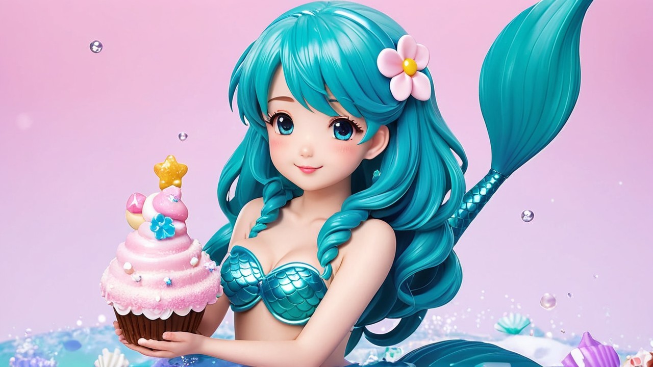Mermaid with Turquoise Hair and Frosted Cupcake