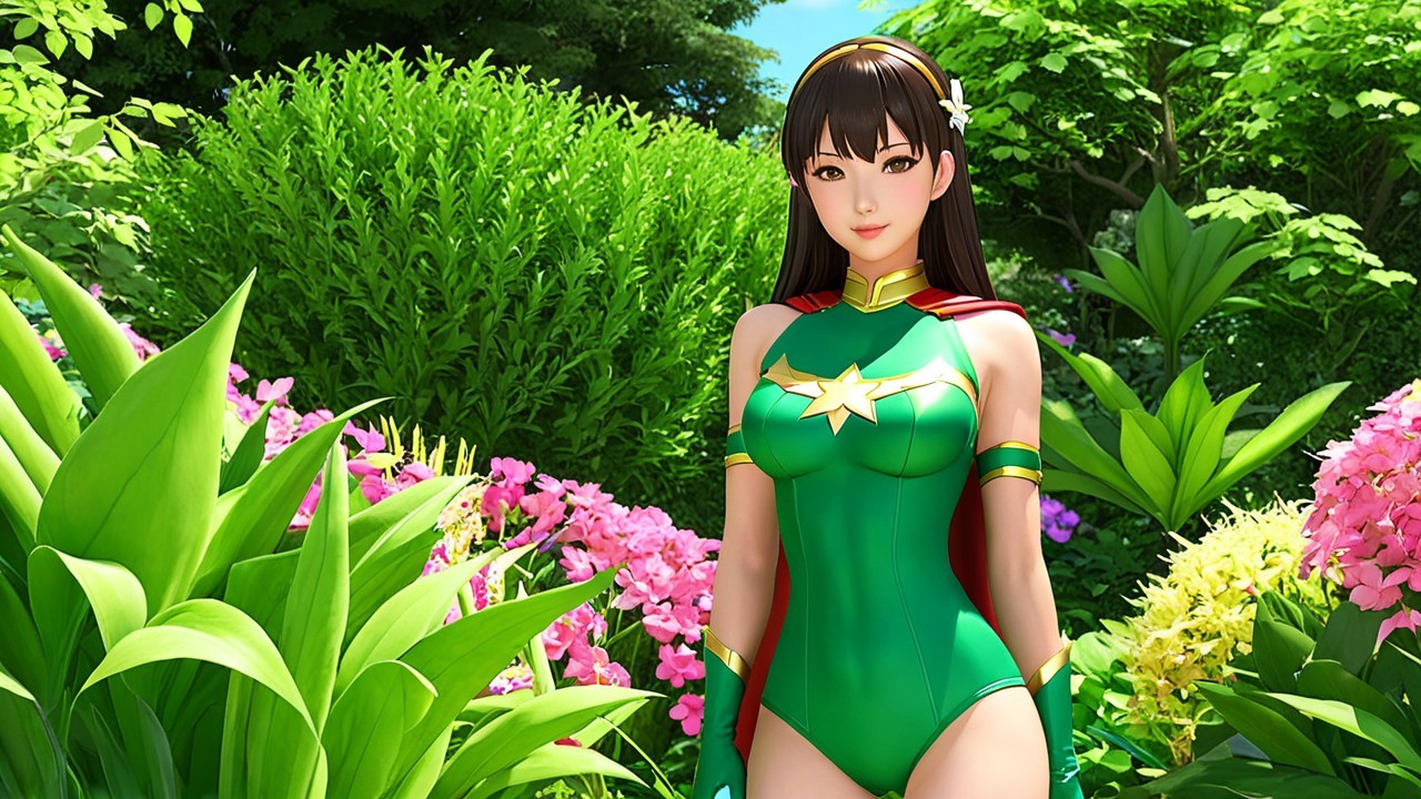 Confident Female Superhero in Lush Garden Setting
