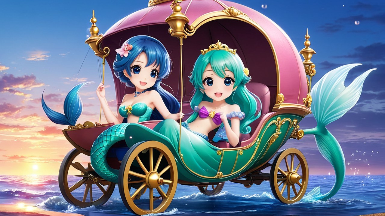Mermaids in a whimsical ocean carriage at sunset