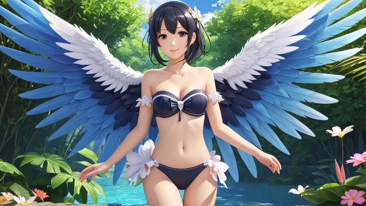 Young Woman with Blue and White Wings by Tranquil Pool