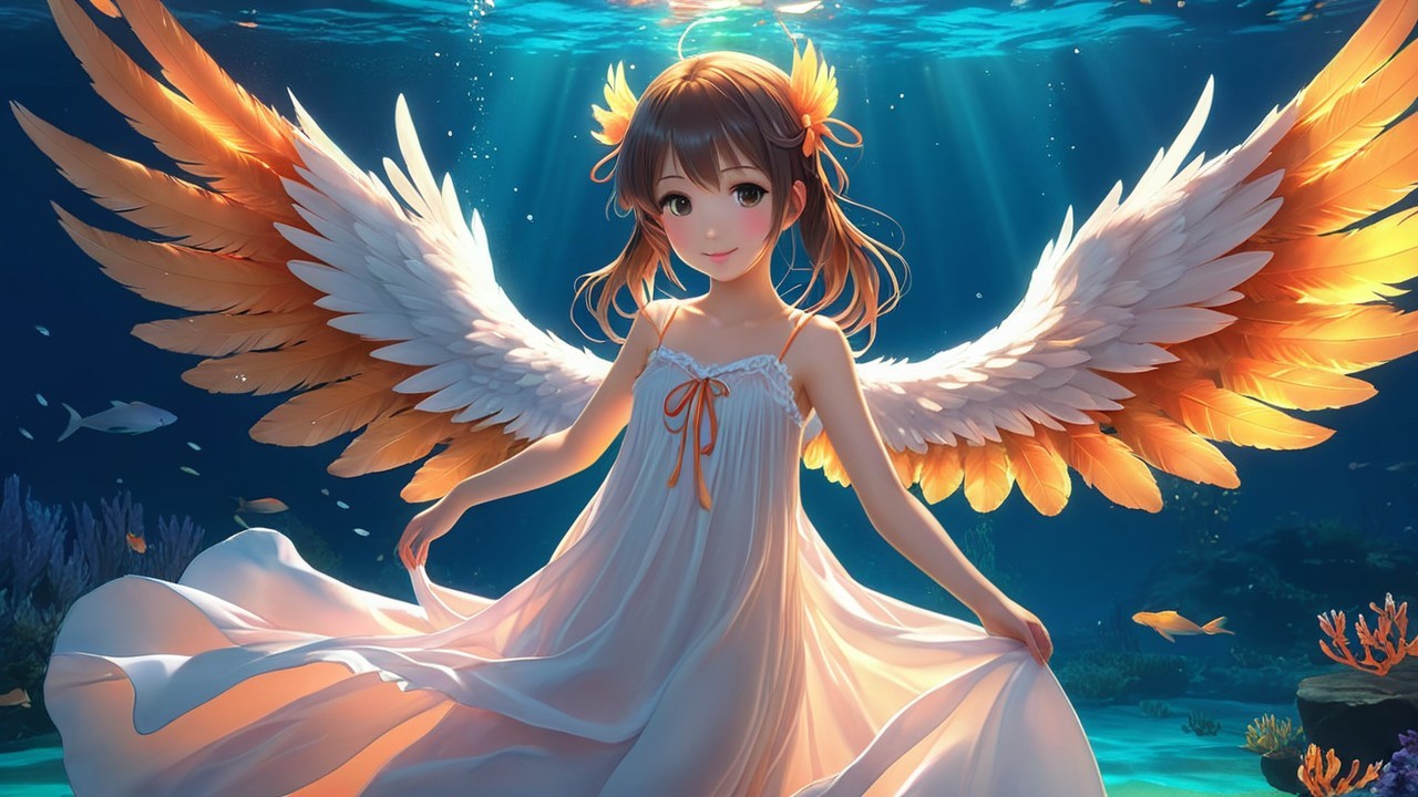 Underwater Scene with Girl and Ethereal Wings