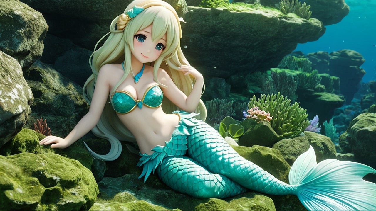 Mermaid on Rocky Underwater Surface with Coral Scenery