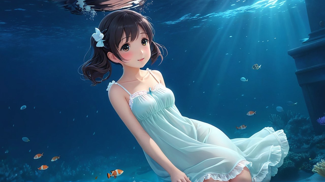 Underwater Scene with Girl, Fish, and Sunlight