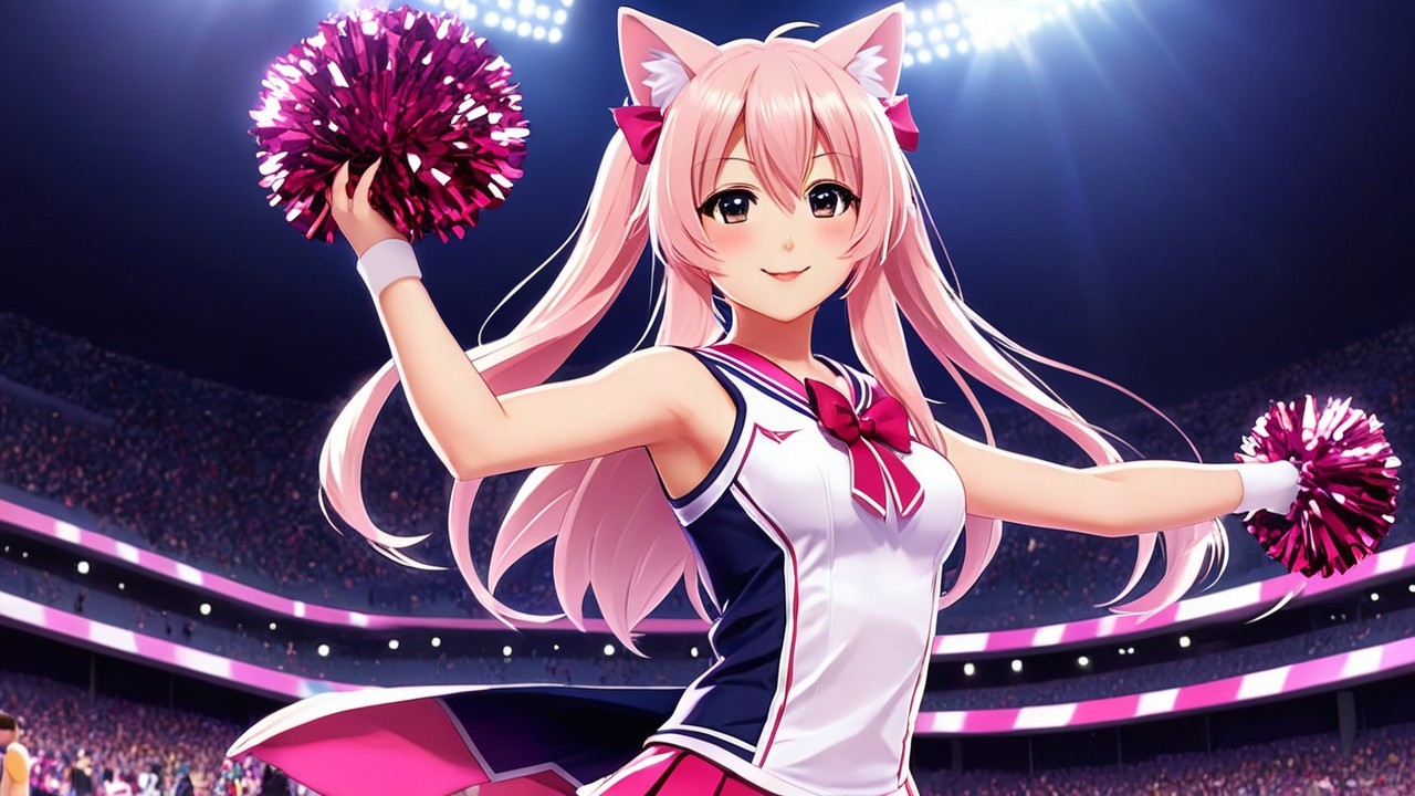 Cheerful anime-style cheerleader in vibrant stadium setting