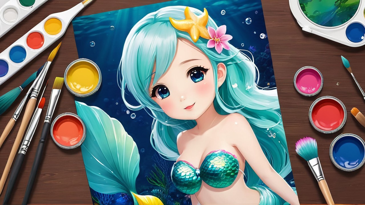 Vibrant Mermaid Illustration with Art Supplies