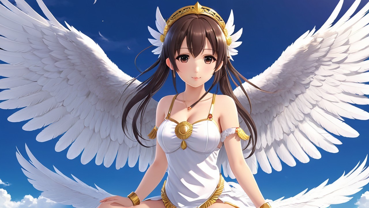 Serene Angelic Figure with White Wings Against Blue Sky