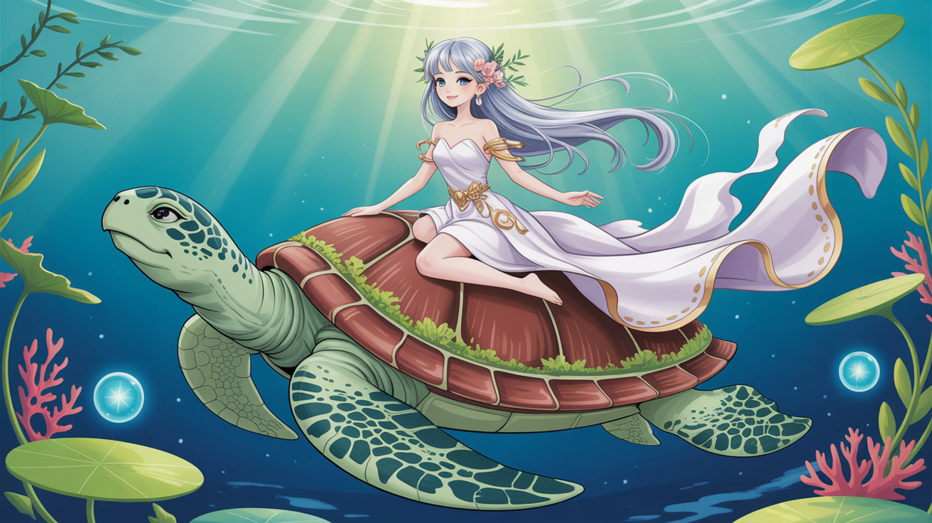 Anime Illustration of Woman Riding Sea Turtle Underwater