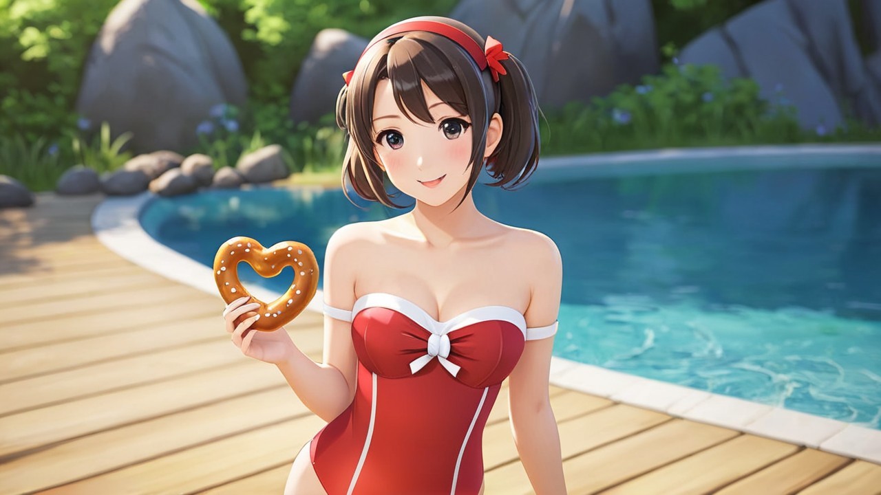 Girl in Red and White Swimsuit by Pool with Donut