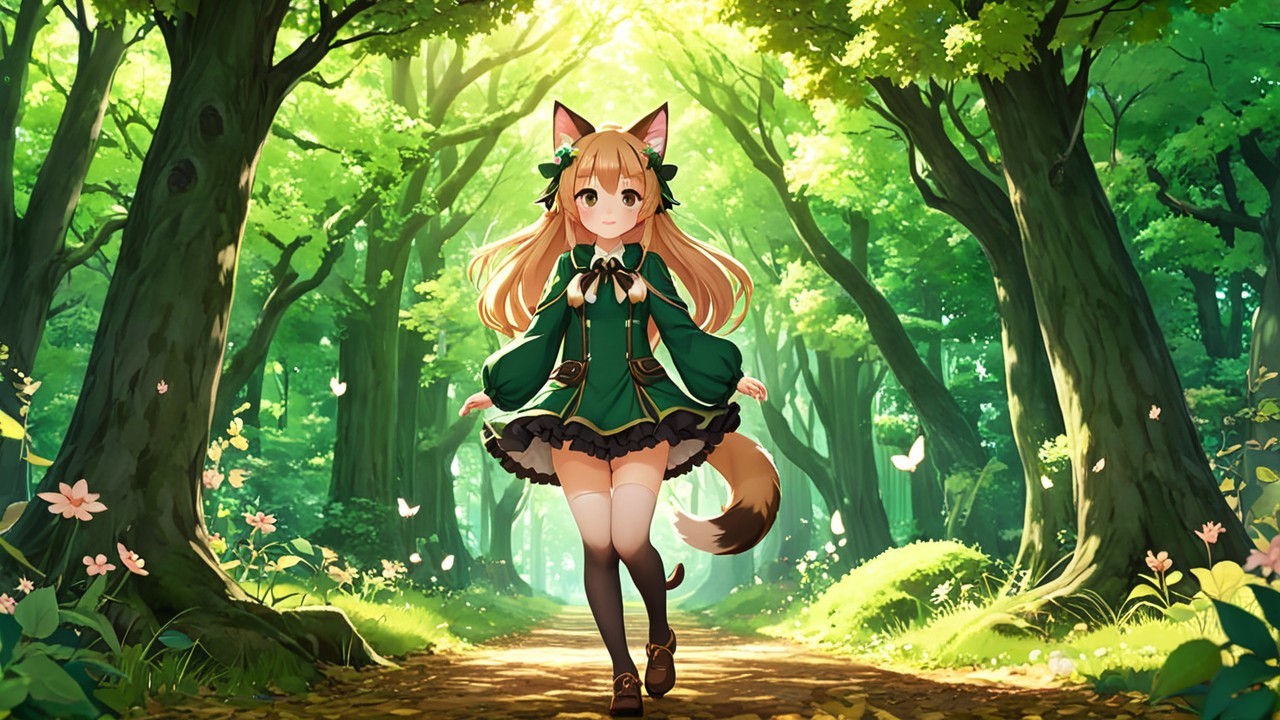 Cheerful girl with fox features in a sunlit forest
