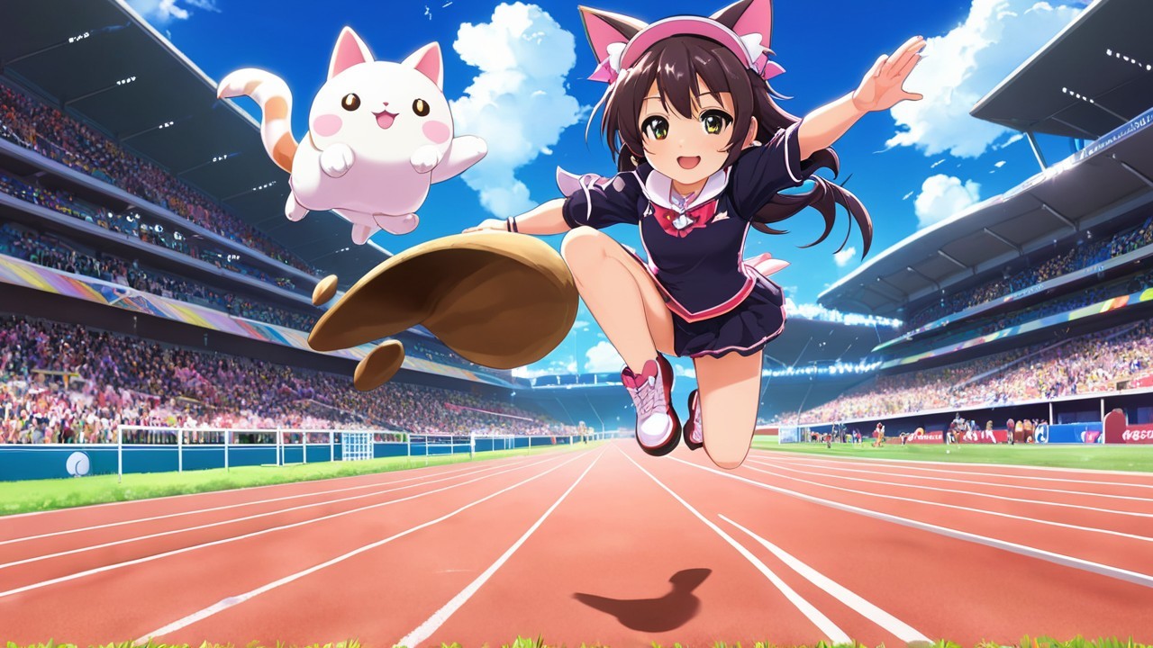 Anime Girl with Cat Ears on a Racetrack with Cat