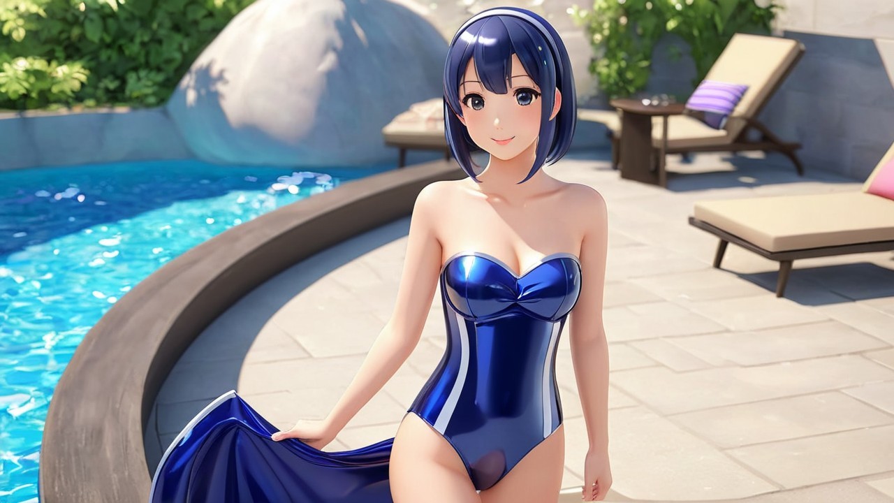 Young woman in blue swimsuit by shimmering pool
