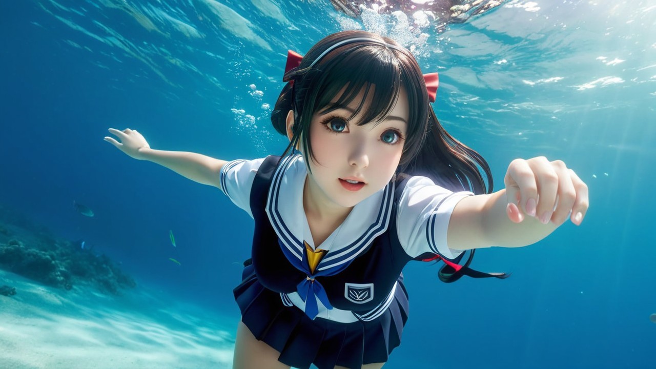 Underwater Scene with a Girl in School Uniform